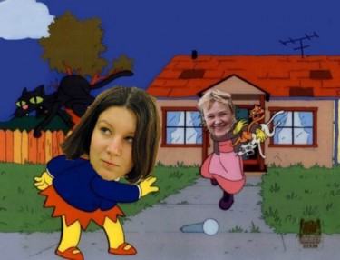 "Cat lady" foster home caretaker Natalia Sarganova chases reporter Ekaterina Vinokurova after her Twitter indiscretion. Background from YouTube screen capture of Simpsons clip. Remix by author.